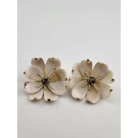 Vintage Shell Flower Clip On Earrings Rhinestone Pearl Accents - Picture 1 of 5